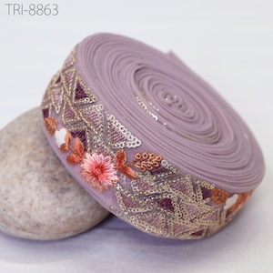 9 Yard Mauve Net Embroidery Ribbon Indian Trim 4 cm Sari Border DIY Craft Sewing Fabric Embroidered Costume Curtain Home Decor Trimming Lace