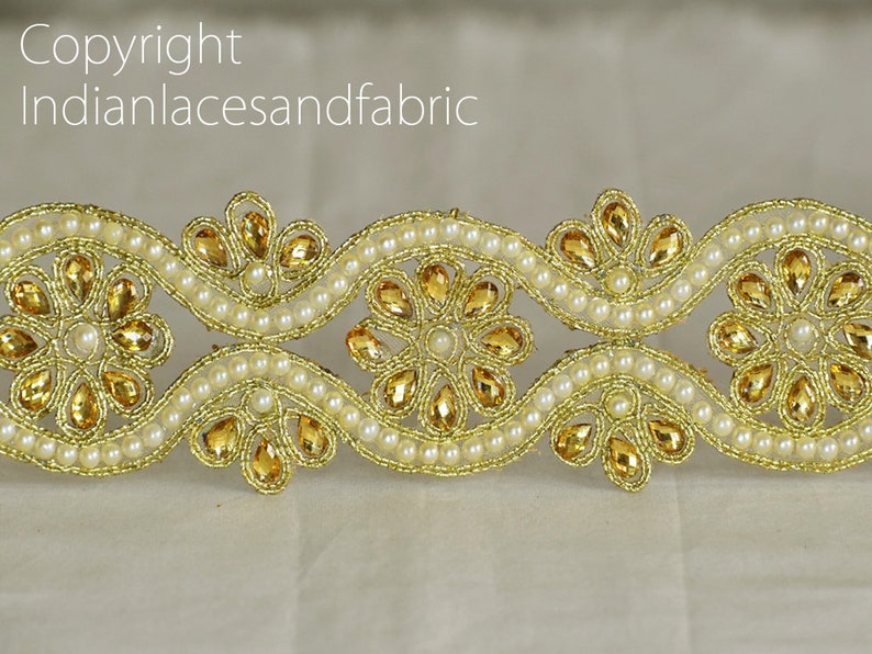 Dentelles indiennes en gros Saree Bordure Ruban Bead Trims Garnitures Dull Gold Kundan Dentelle Bordure Embellissement Garniture par 9 Yard image 4