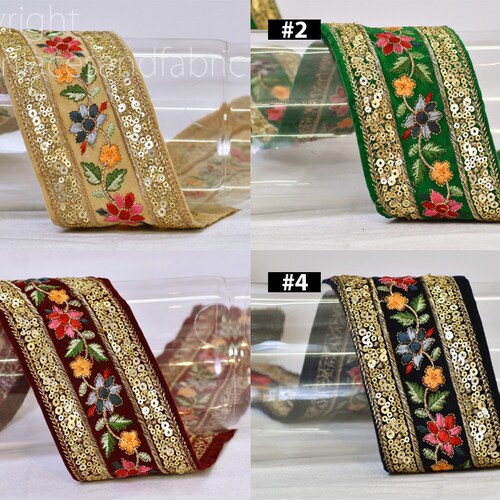 Green Embroidered Velvet Fabric Trim by the Yard Trimmings Etsy