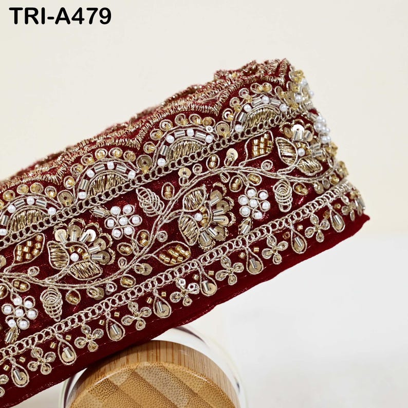 1 Meter Maroon Indian Beaded Trim Ribbon – Gold Zari Embroidery Sari ...