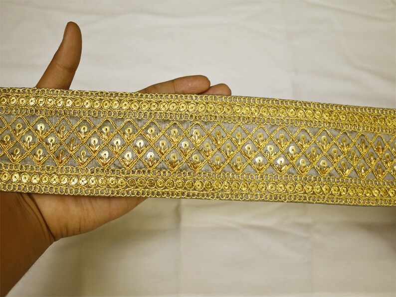 Gold Grey Saree Fabric Trim By The Yard Embroidered Trimmings Etsy