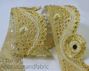 3 Yard Gold Stone Lace Glass Bead Mirror Trim Embellished Dress Saree Dupatta Scallop Edge Ribbon sewing Gota Patti Border embroidery Lace
