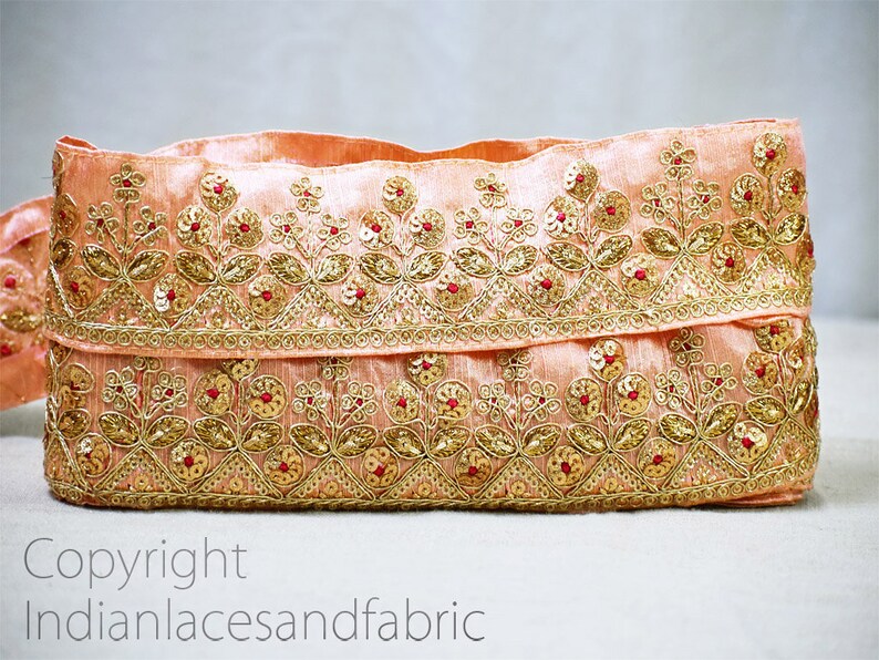 Salmon Pink Fabric Trim By The Yard Embroidered Embellishment Trimmings Sequin Sari Border Indian Crafting Sewing Cushions Curtains Ribbons