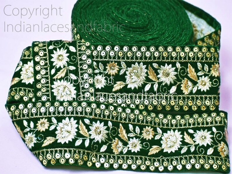 Green Embroidered Velvet Fabric Trim by the Yard Trimmings Etsy