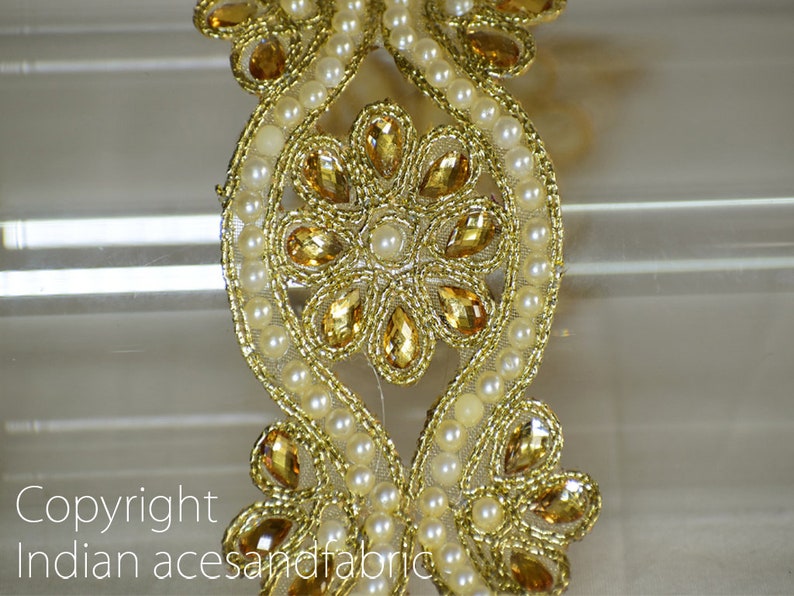 3 Yard Dull Gold Stone Trims Wedding Dupatta Dress Bridal Belt DIY Crafting Trimmings Indian Laces Sewing Tape Embellishments Ribbon image 2