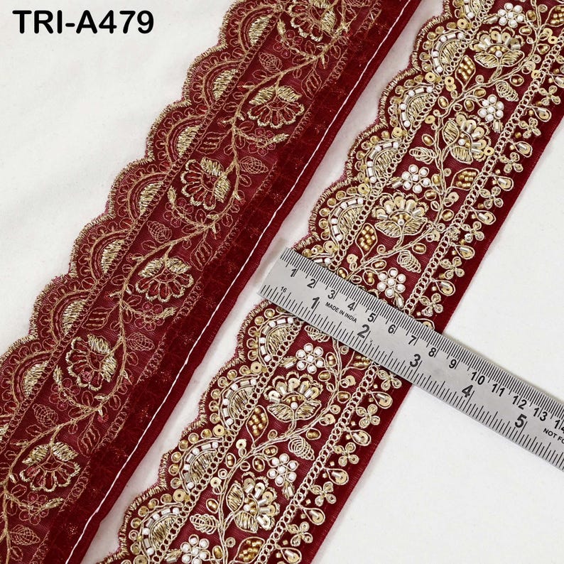 1 Meter Maroon Indian Beaded Trim Ribbon – Gold Zari Embroidery Sari ...