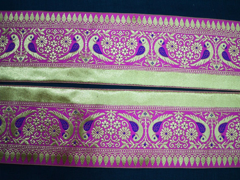 60mm Wide Indian Sari Trim Craft Ribbon Trim By 9 Yards Wholesale Jacquard Floral Border in Fuchsia Pink And Bronze Lace Trim Approx
