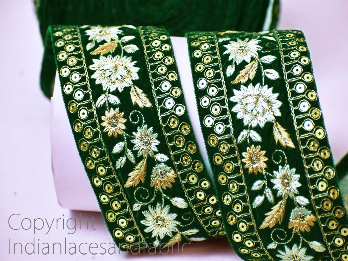 Green Embroidered Velvet Fabric Trim By The Yard Trimmings Etsy