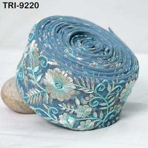 Embroidered Ribbon, Blue And White Regency Border | Net Fabric, 7 Cm Wide - 1 Meter, Saree Trim