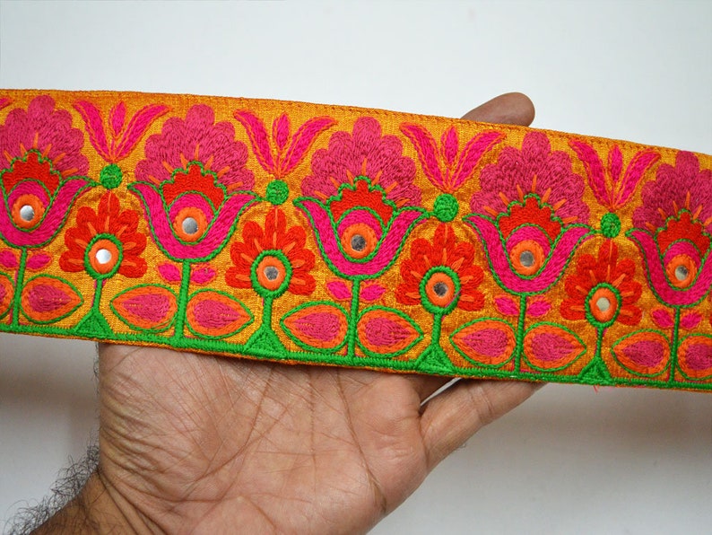 Orange Fabric Trim and Embellishment Embroidered Indian Trim By The Yard Saree Ribbon Silk Sari Border Decorative Sewing Crafting