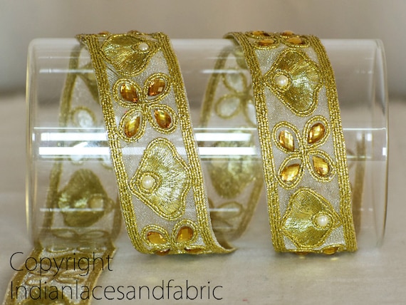 Buy 9 Yard Dull Gold Stone 25 Mm Lace Wedding Dress Border Stone Work Metallic Trim Indian Crafting Sewing Accessories Dolls Bags Ribbon Online in India