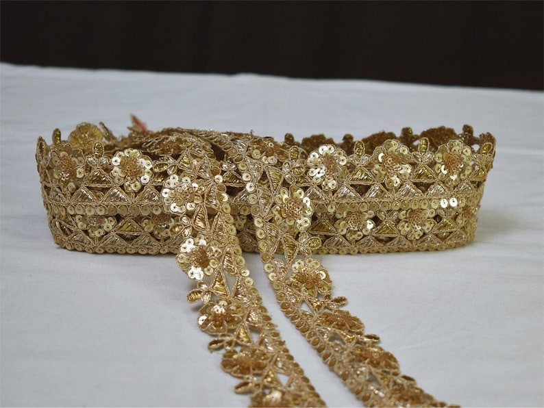 9 Yard Wholesale Gold Sequins Embroidered Lace Tape Trim Sari Border Decorative Saree Wedding Costume Dresses Ribbon Crafting Zari Border