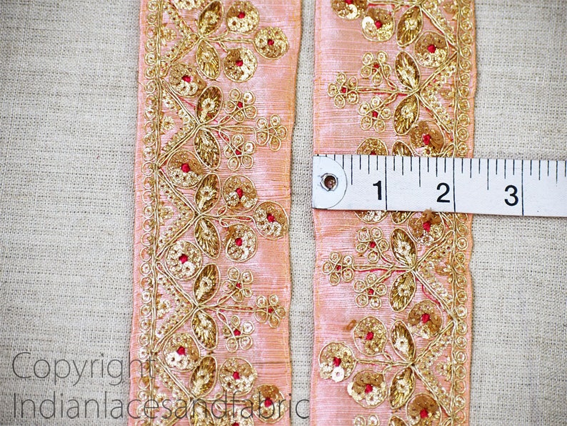 Salmon Pink Fabric Trim By The Yard Embroidered Embellishment Trimmings Sequin Sari Border Indian Crafting Sewing Cushions Curtains Ribbons
