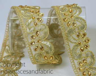 9 Yard Gold Kundan Lace Wedding Saree border Indian Trims Sari Border Gota Patti decorative Glass Bead Work Embellishment Sewing Accessories