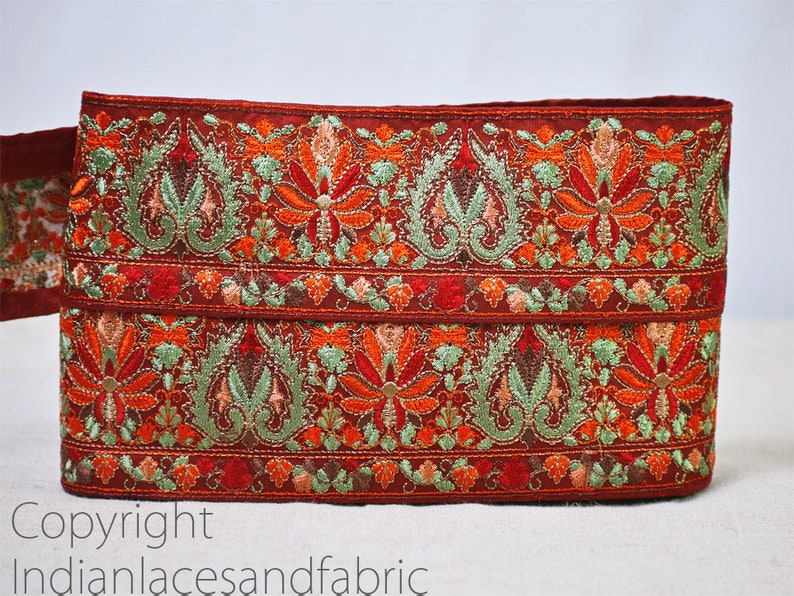 Maroon Indian Embroidered Fabric Trim By The Yard Decorative Sewing Sari Border Beach Bags Hats Trimmings Crafting Saree Embroidery Ribbons