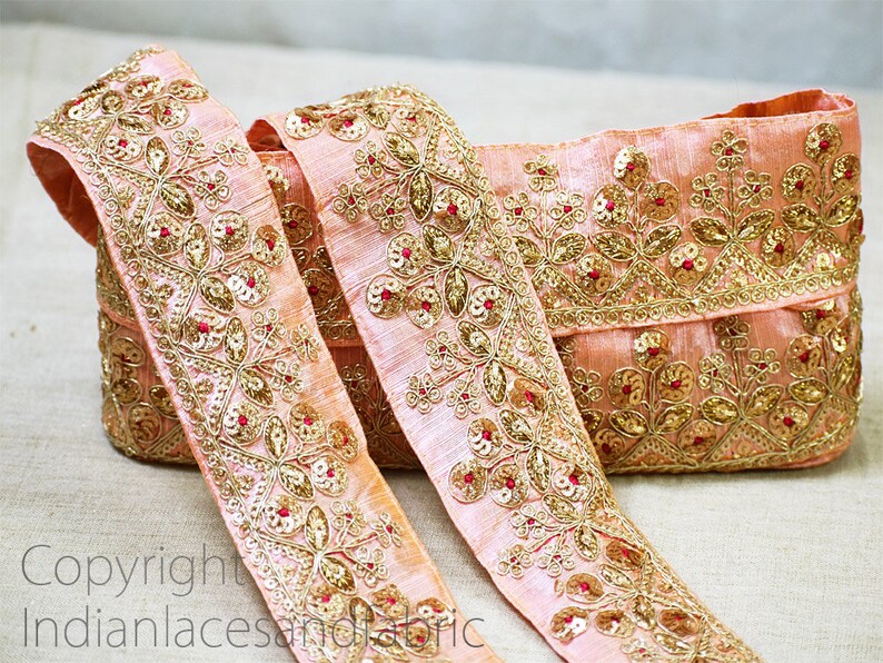 Salmon Pink Fabric Trim By The Yard Embroidered Embellishment Trimmings Sequin Sari Border Indian Crafting Sewing Cushions Curtains Ribbons