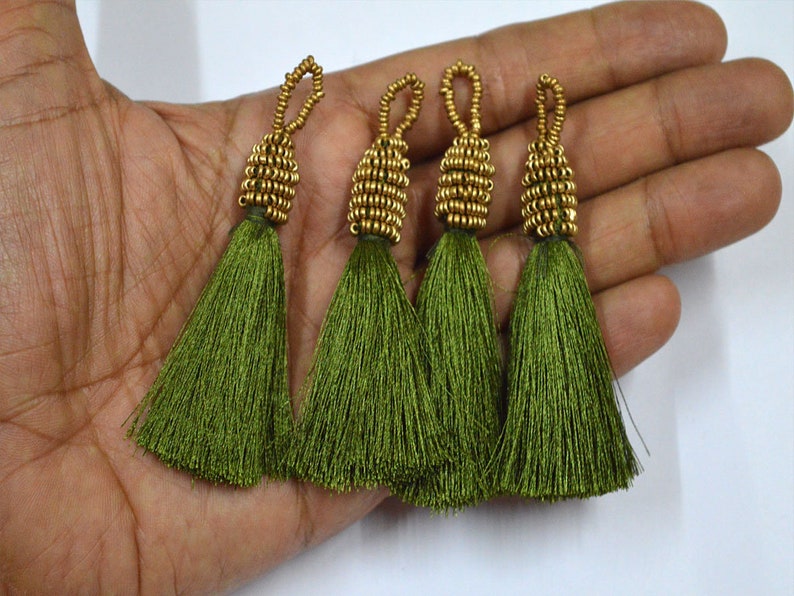3 Olive Green Beaded Tassels Jewelry Tassels Decorative Etsy