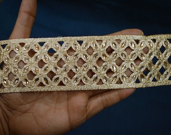 9 Yard Indian Saree Laces Crafting Ribbon Embellishment Table Runner Pillow Cover Tape Decorative Trim Gold Kundan Trimming Sari Border