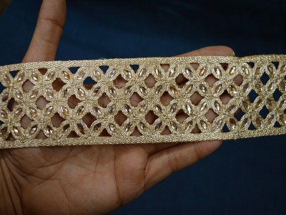 9 Yard Indian Saree 5 CM Laces Crafting Ribbon Embellishment Table Runner Pillow Cover Tape Decorative Trim Gold Kundan Trimming Sari Border
