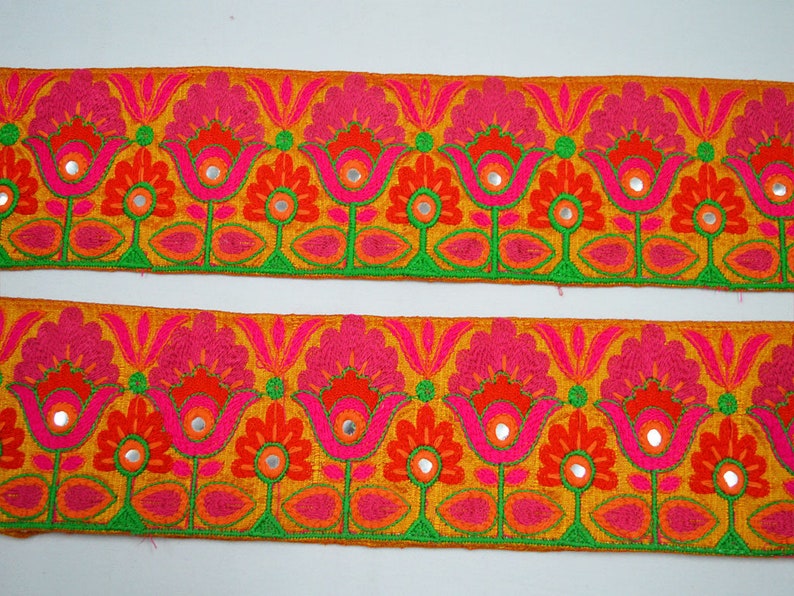 Orange Fabric Trim and Embellishment Embroidered Indian Trim By The Yard Saree Ribbon Silk Sari Border Decorative Sewing Crafting