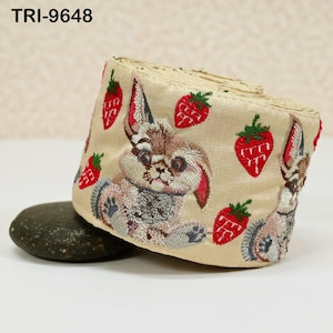 9 Yard Embroidery Ribbon Trim Rabbit with Strawberries Saree Border Crafting Sewing Throw Pillow Home Decor Embellishments Junk Journals 9cm