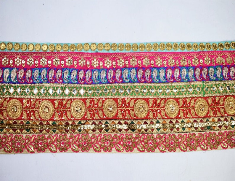Patchwork Embroidered Embellishment Trimmings Saree Fabric Trim By The Yard Lehnga Ribbon Indian Sari gold Crafting Sewing Sequins Border