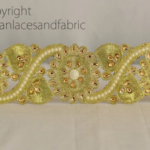 3 yard Decorative Ribbon Costume Metallic Beaded Gold Stone Lace Christmas DIY Crafting Trimmings Embellished Mirror work Border Trim Decor image 3