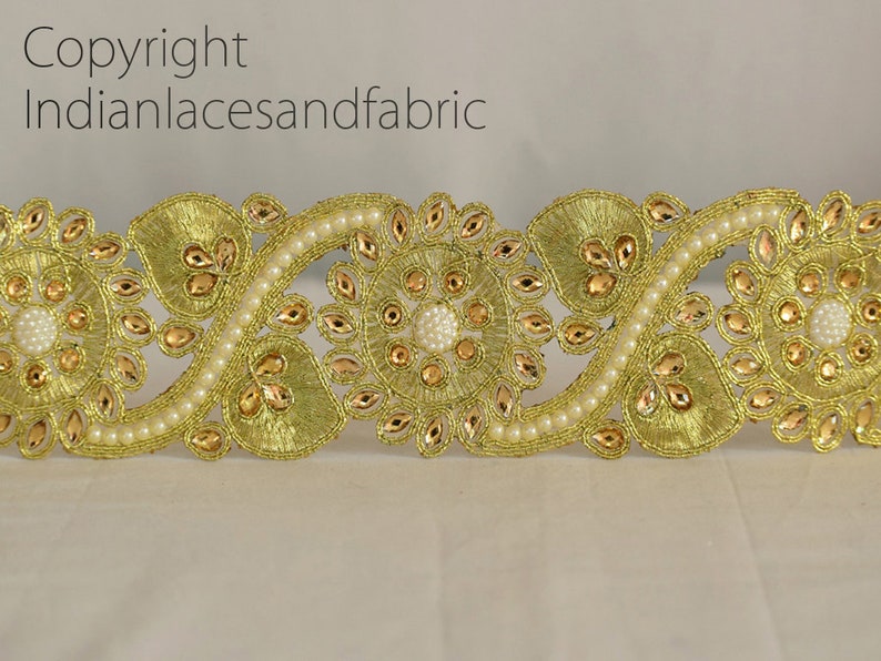 3 yard Decorative Ribbon Costume Metallic Beaded Gold Stone Lace Christmas DIY Crafting Trimmings Embellished Mirror work Border Trim Decor image 3