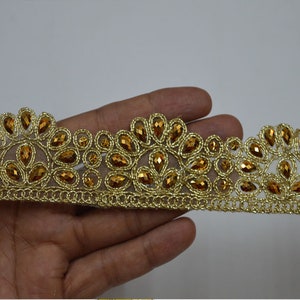9 yard 4cm Gold Kundan Trim Decorative Costume trim Crafting Ribbon Tape Stone Work Sari Border Lace by 9 Yard Sewing Designer Laces