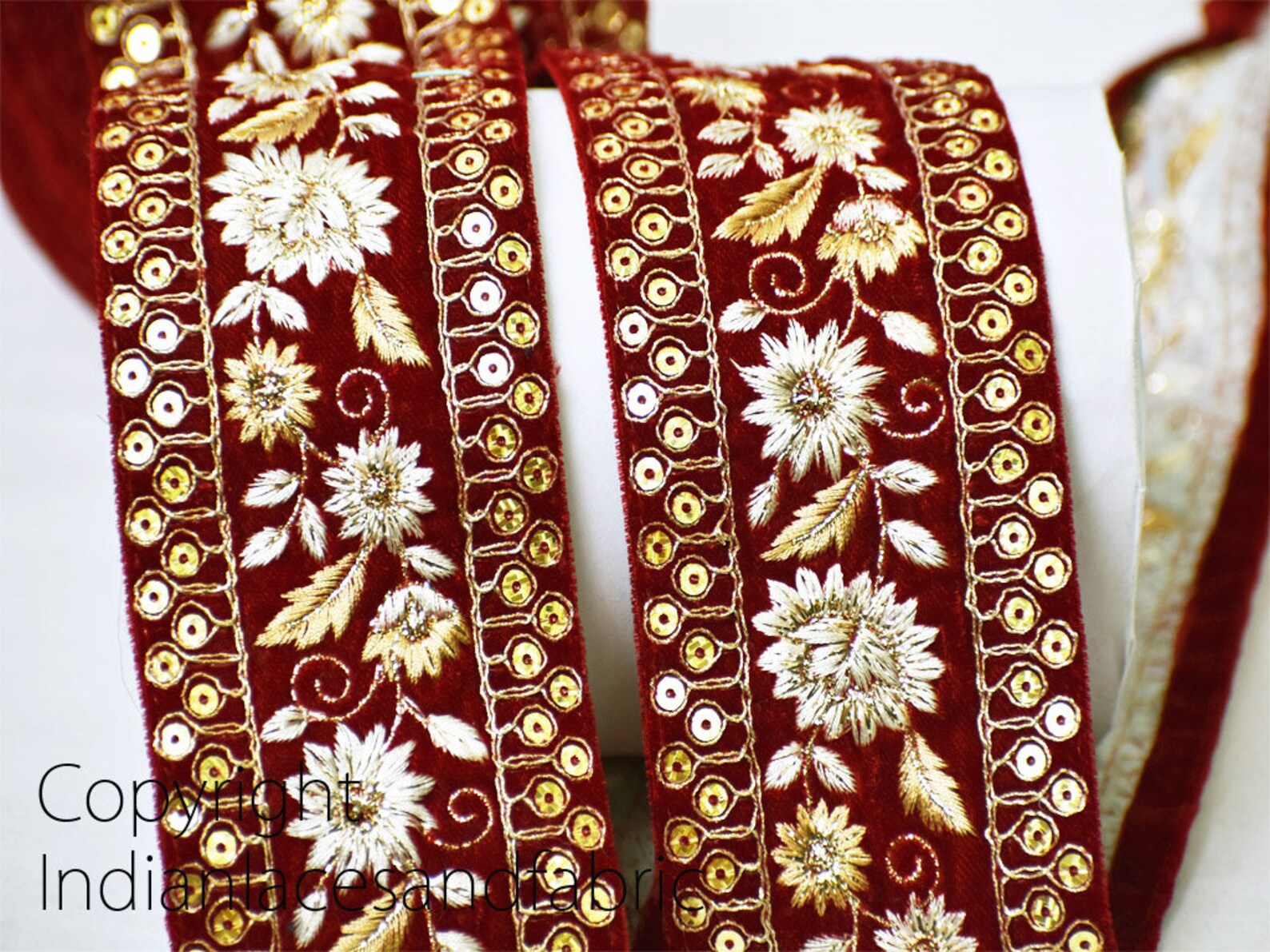 Deep Red Embroidered Velvet Fabric Trim By Yard Trimmings Etsy