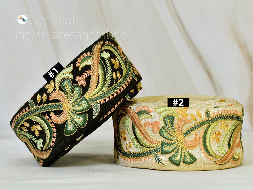 Green Indian Sari Embroidery Trim By The Yard Embellishment Etsy