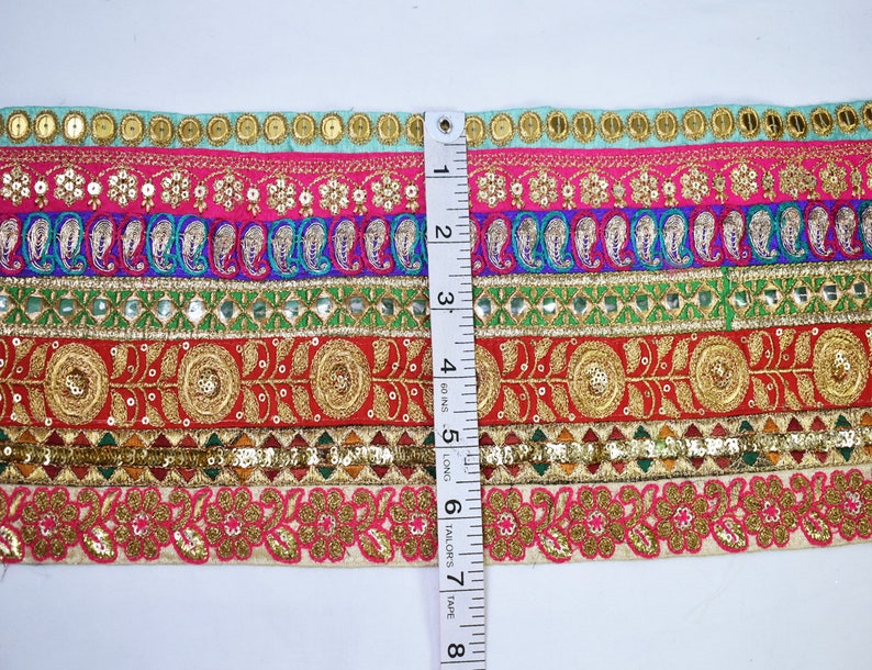 Patchwork Embroidered Embellishment Trimmings Saree Fabric Trim By The Yard Lehnga Ribbon Indian Sari gold Crafting Sewing Sequins Border