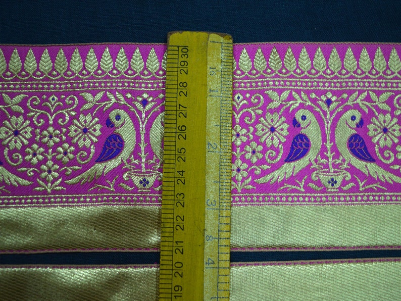 60mm Wide Indian Sari Trim Craft Ribbon Trim By 9 Yards Wholesale Jacquard Floral Border in Fuchsia Pink And Bronze Lace Trim Approx