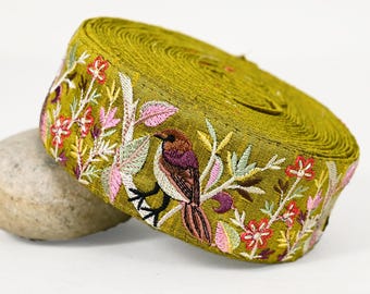 1 Meter Green Indian Embroidery Ribbon 5cm Trim Sparrow Sari Border Crafting Lampshade Regency Reticules Victorian Handbags Junk Journals