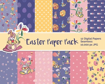 Downloadable digital Easter Bunny paper pack, 12 fun colorful seamless chocolate easter egg paper designs, printable Spring Easter patterns