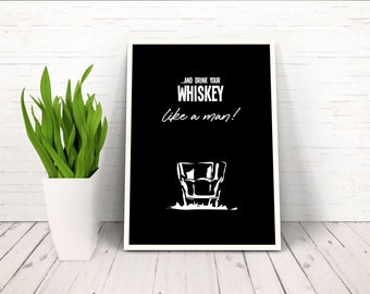 Digital poster download, Funny satirical alcohol quote saying, Minimal black white wall art decor, rock whiskey glass illustration.