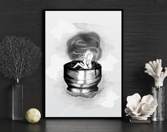 Digital Illustration watercolour poster hand-drawn fairy sitting in a weed pipe with a puff of smoke black and white printable wall art