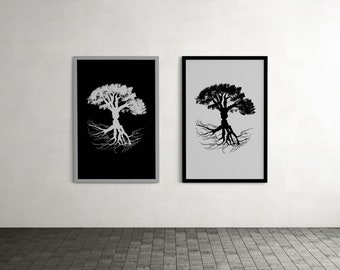 Minimalistic abstract silhouette tree couple faces outline black white family tree with roots large vinyl wall art poster modern art design