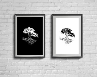 Minimalist Digital Print Black and White Hand Drawn Tree Of Knowledge Cedar Tree with Roots Large Modern Wall Art Vinyl Poster Line Drawing