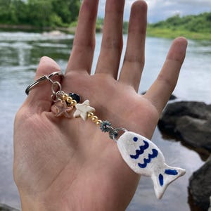 Handmade Beaded Fish Keychain - Polymer Clay Charm