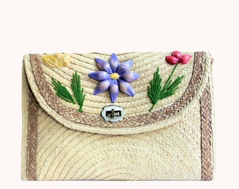 POCHETTE DE PAILLE FLORALE VINTAGE DES ANNÉES 70