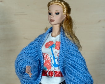 Knitted blue cardigan for Fashion Royalty, Barbie dolls and other dolls with similar body size