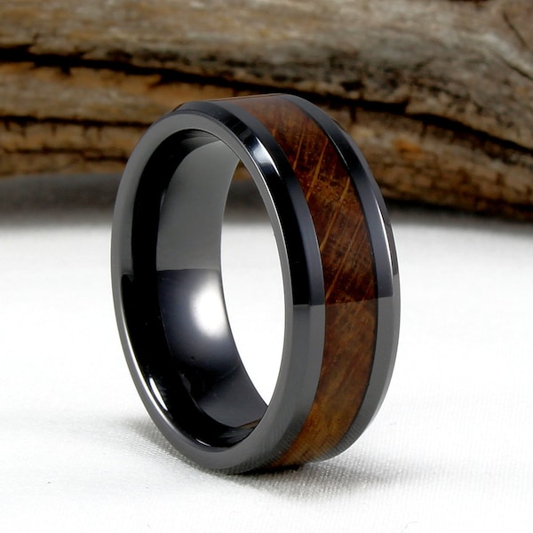 Black Ceramic Ring with Whiskey Barrel Wood Inlay. Bourbon Whiskey Barrel