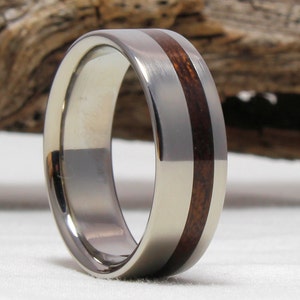 Titanium Ring with Makore wood Inlay, Pinstripe Wood Ring, Bentwood Ring - Titanium Wood Ring, Titanium Wedding Band, Wood engagement ring
