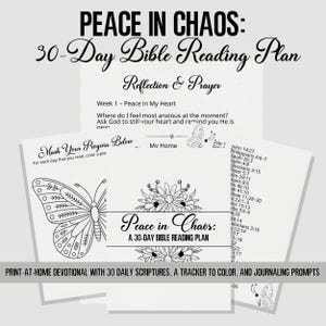 May include: A print-at-home devotional with a 30-day Bible reading plan titled "Peace in Chaos." The design includes a butterfly, floral elements, and journaling prompts. The text includes daily scriptures and a tracker to colour.