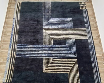 Contemporary Moroccan Rug , with Black Base, Elegant Blue , beige Accents, Inspired by Art Deco,handknotted carpet, berber rug 10.2x14.1 f