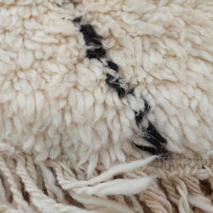 Authentic Beni Ourain Moroccan rug in cream handwoven wool with black diamond lattice, fringed edges on a 5x9 area rug.