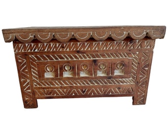 Hand craved moroccan trunk, brown wooden berber chest