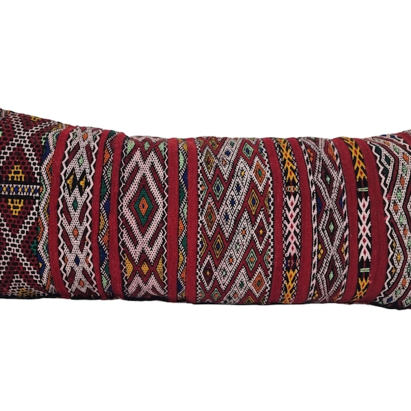 Stunning Vintage Moroccan lumbar Pillow - handmade berber Cushion - double sided Berber lumbar case - authentic bohemian pillow. 14x35 inch