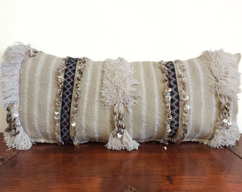 Handmade from authentic Berber wedding blanket, Handira lumbar pillow case. Vintage handira lounge pillow case. 13"×31"